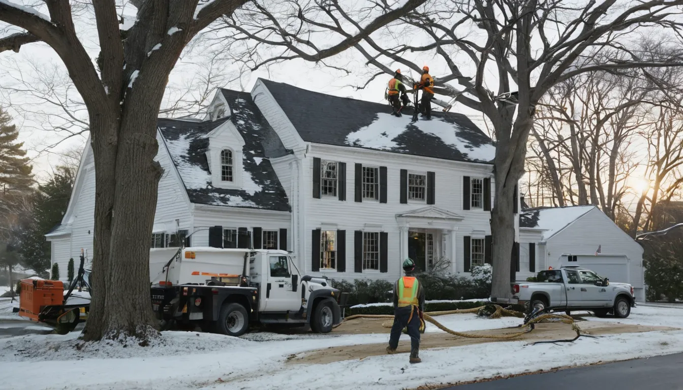 A tree service crew safely working on a large tree beside a home in Middletown